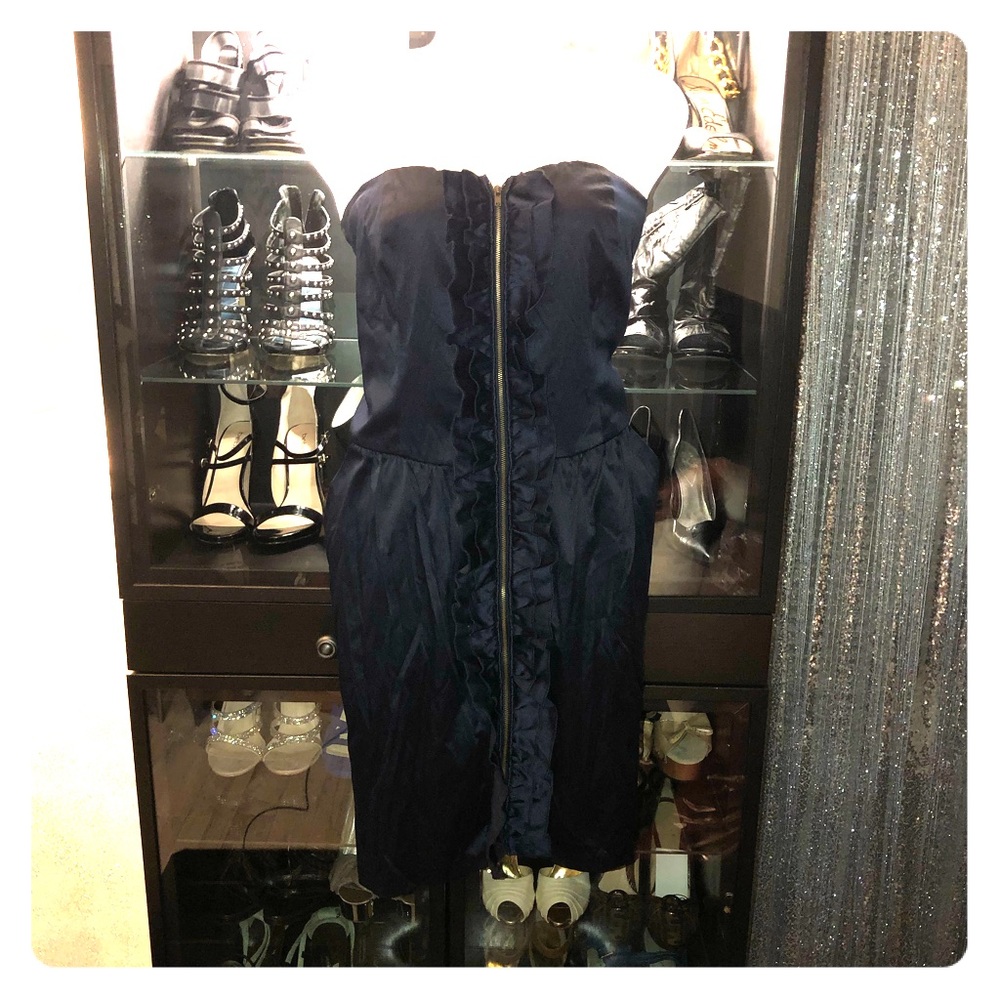 *SOLD* Black Satin Ruffle Zipper Mini Dinner Dress
